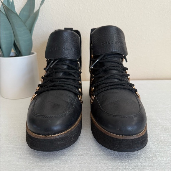 Cole Haan Black Leather Lace Up Wedge Waterproof Ankle Boots - Picture 5 of 11
